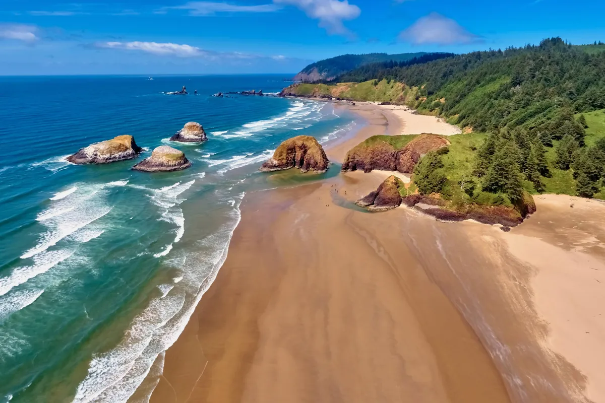 A stunning exterior perspective of Gleneden Beach with ocean waves rolling onto the shore, dramatic rock formations, and a backdrop of forested cliffs. The natural setting is serene, inviting exploration and outdoor activities.