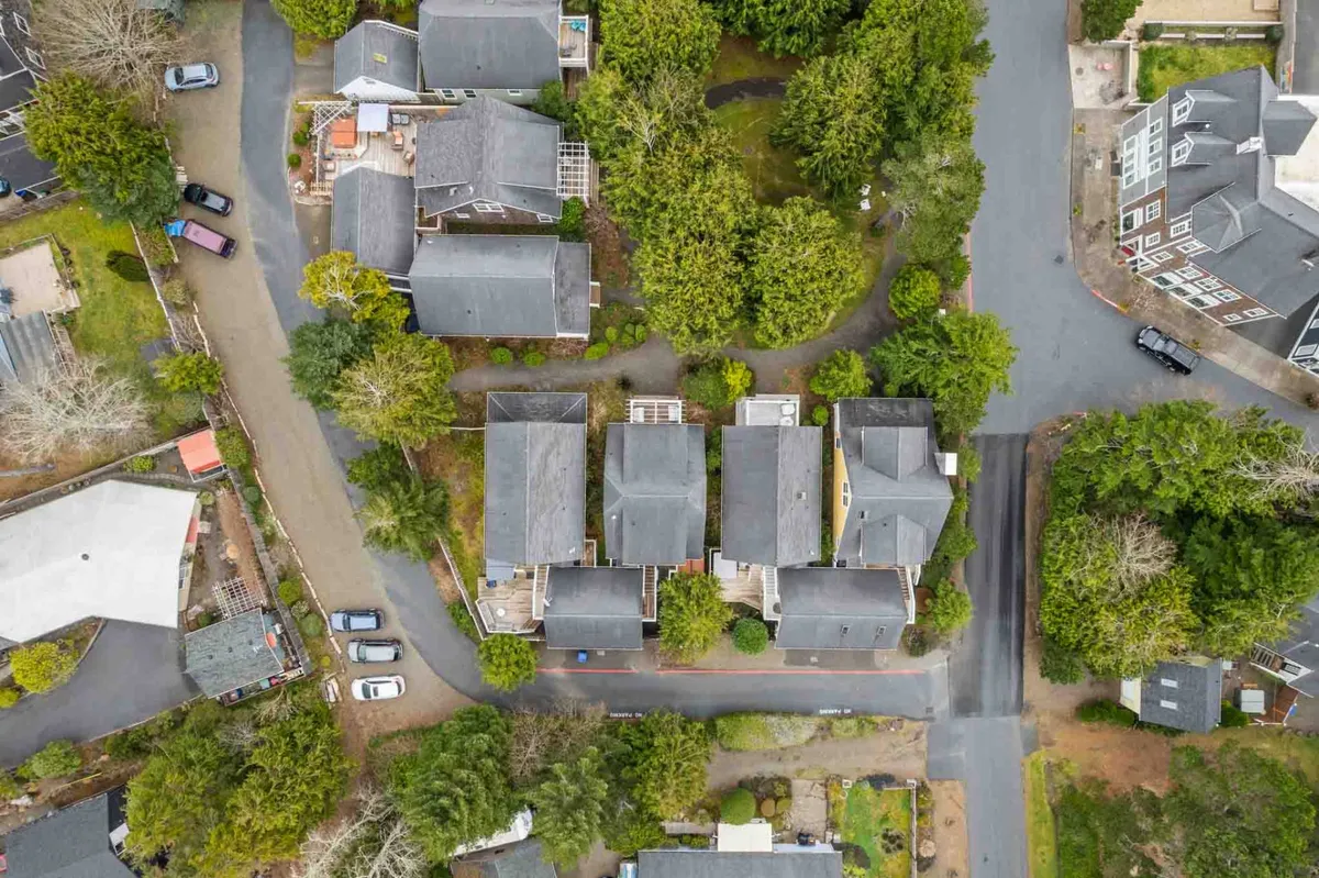 A calm neighborhood scene featuring neatly arranged houses surrounded by lush greenery and winding roads. The inviting layout suggests a sense of community and easy access for walking or gathering outdoors, evoking the spirit of local exploration and relaxation.